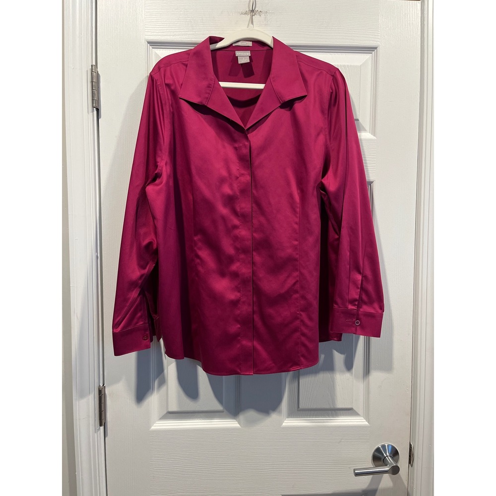 Chicos No Iron Magenta Pink Button Down Shirt Long Sleeve Blouse Size 3 L XL